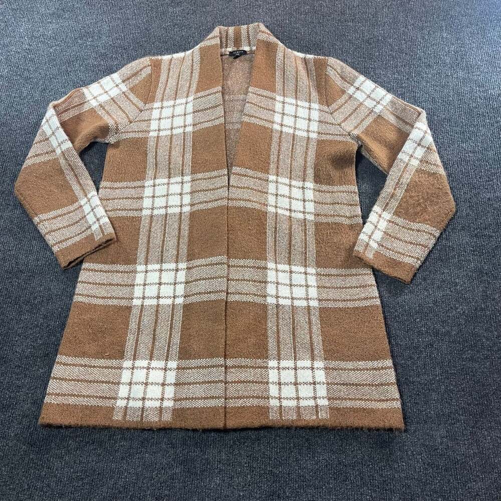 Talbots Women's Brown White Plaid Open Front Cardigan Sweater Petite Size Sp